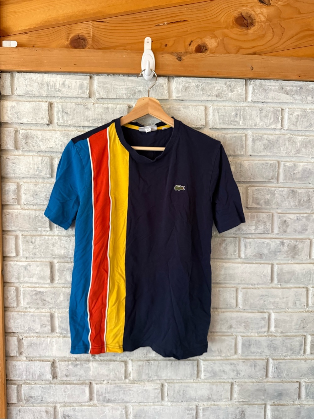 Lacoste Navy Tee with Blue, Red & Yellow Stripes